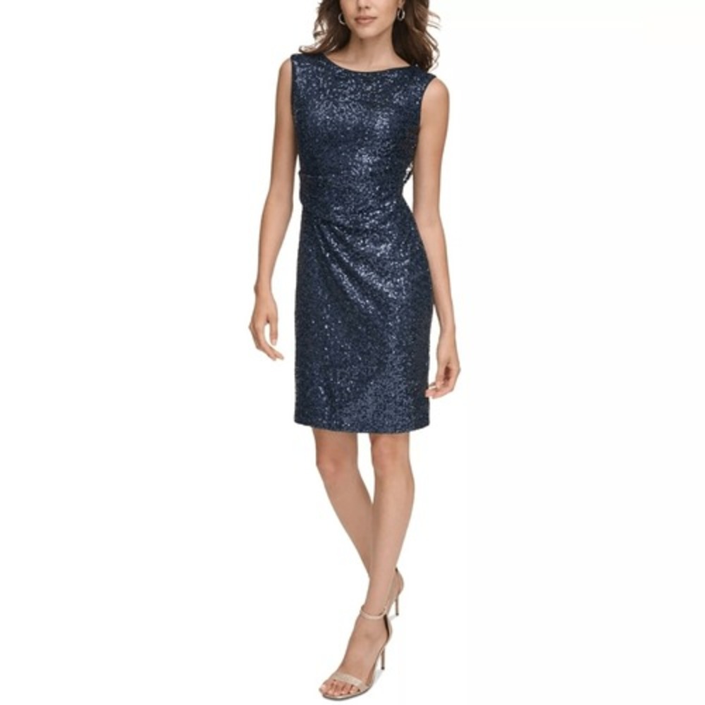 Jessica Howard Women's Blue Sleeveless Side Tuck Sheath Dress Size 14